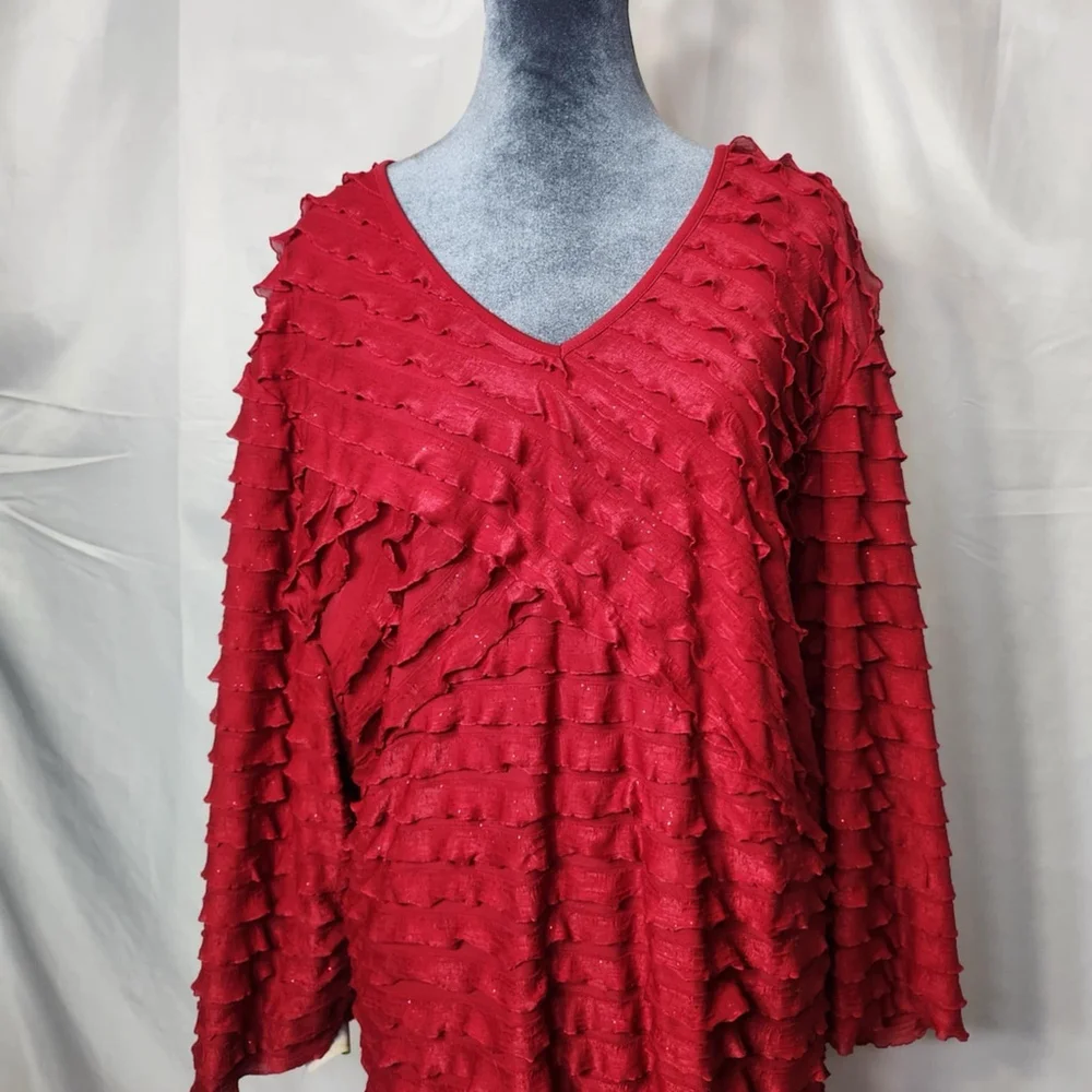 Catherines Shirt Womens 4X Red Ruffle Sparkle V Neck 3/4 Sleeve Flowy Casual